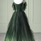 Elegant Green Straps Off Shoulder A-Line Tulle Long Formal Prom Dress, D692