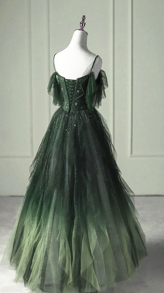 Elegant Green Straps Off Shoulder A-Line Tulle Long Formal Prom Dress, D692