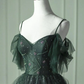 Elegant Green Straps Off Shoulder A-Line Tulle Long Formal Prom Dress, D692