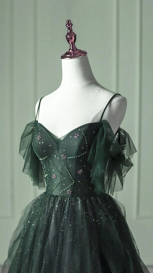Robe de bal élégante en tulle vert, longue, épaules dénudées, coupe trapèze, à bretelles, D692