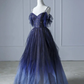 Elegant Green Straps Off Shoulder A-Line Tulle Long Formal Prom Dress, D692
