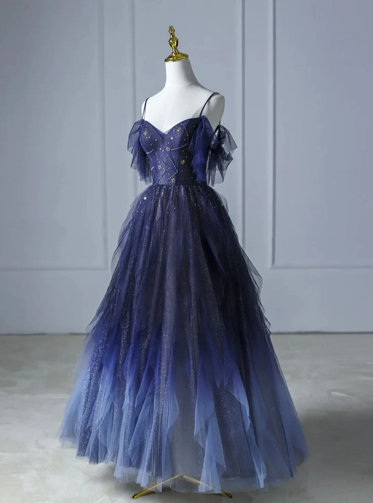 Elegant Green Straps Off Shoulder A-Line Tulle Long Formal Prom Dress, D692
