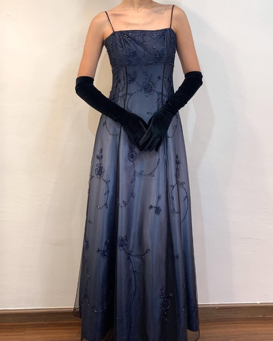 Dunkelmarineblaues Spaghettiträger-A-Linien-Ballkleid mit Perlenbesatz, Vintage-Partykleid, D693