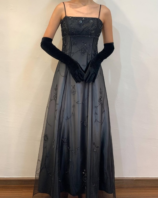 Black Spaghetti Straps A-Line Beading Long Prom Dress Vintage Party Dress, D694