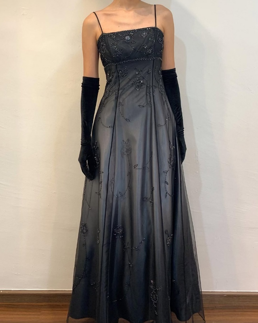 Black Spaghetti Straps A-Line Beading Long Prom Dress Vintage Party Dress, D694