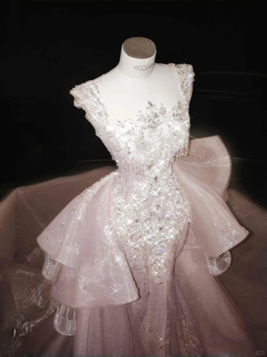 Gorgeous Pink Sequins Mermaid Beading Long Evening Dress Birthday Outfits, D803