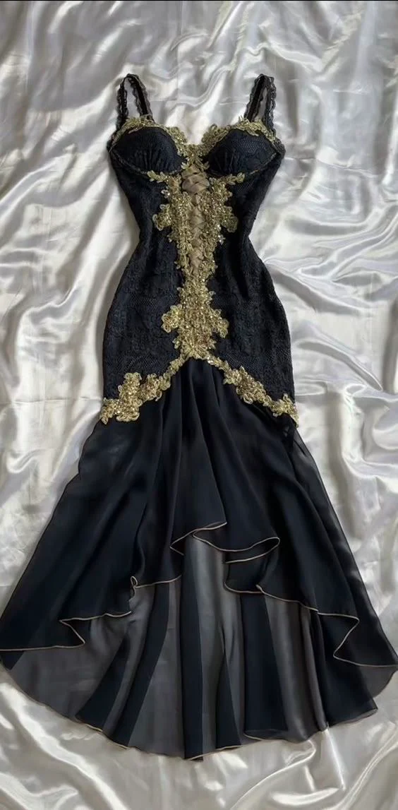 Black Straps Lace Appliques Sheath Long Party Dress Vintage Prom Dress, D702