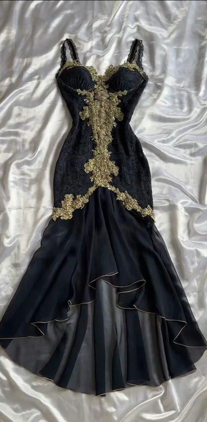 Black Straps Lace Appliques Sheath Long Party Dress Vintage Prom Dress, D702