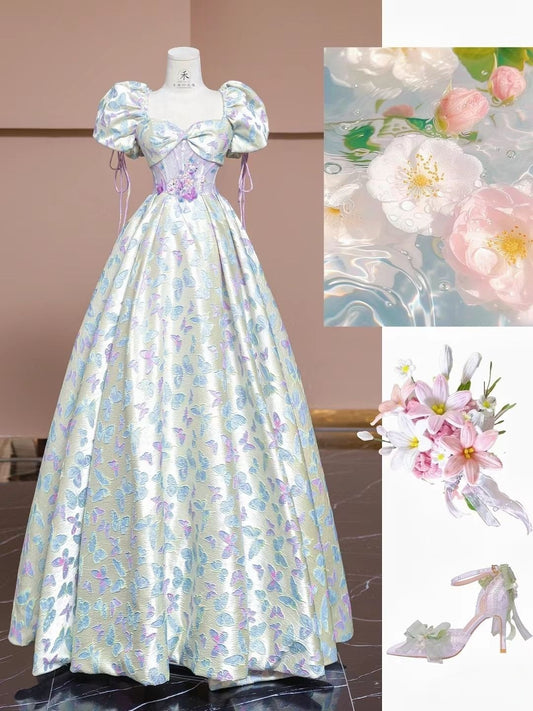 Lovely Puffy Sleeves A-Line Satin Butterfly Long Prom Dress Cute Birthday Dress, D707