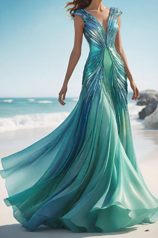 Goegeous Blue V Neck A-Line Satin Long Prom Dress Evening Gown, D716