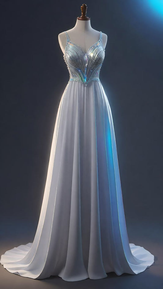 White Spaghetti Straps A-Line Satin Long Formal Prom Dress Evening Gown, D721