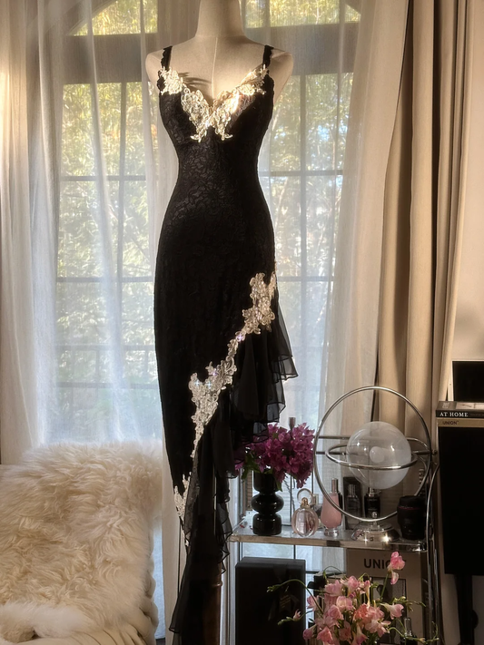 Sexy Black Straps Sheath Lace Long Evening Dress Vintage Party Dress, D726