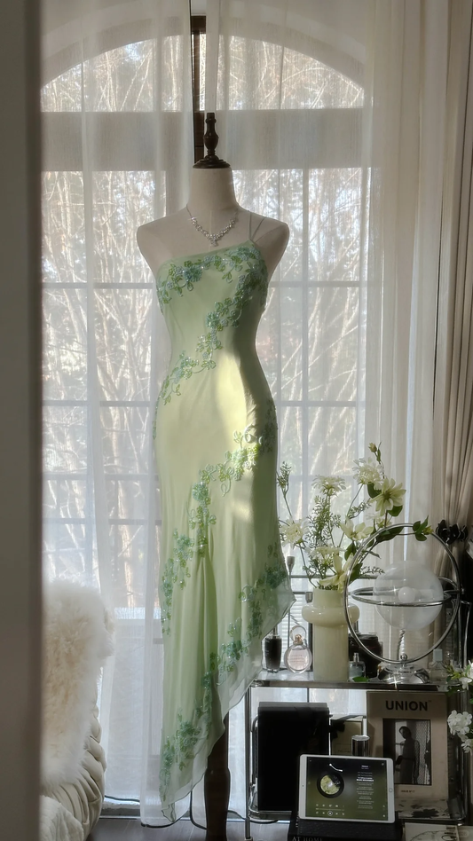Helles Salbeigrünes, einschultriges Chiffon-Abendkleid mit Perlenbesatz, Vintage-Partykleid, D728