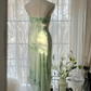Light Sage One Shoulder Beading Chiffon Long Evening Gown Vintage Party Dress, D728