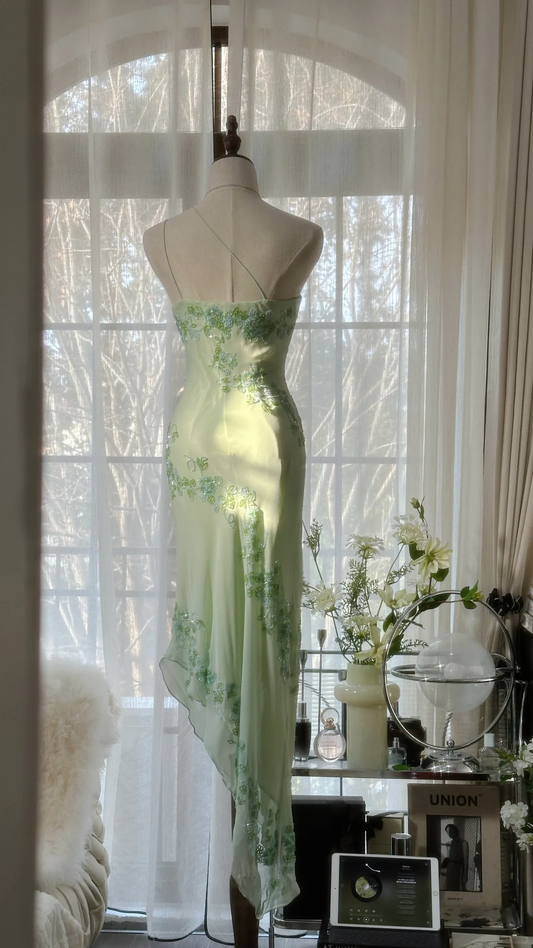 Helles Salbeigrünes, einschultriges Chiffon-Abendkleid mit Perlenbesatz, Vintage-Partykleid, D728