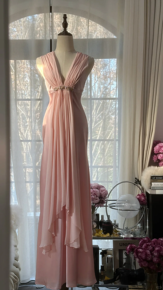 Elegant Pink V Neck Sheath Satin Vintage Long Party Dress Evening Gown, D730