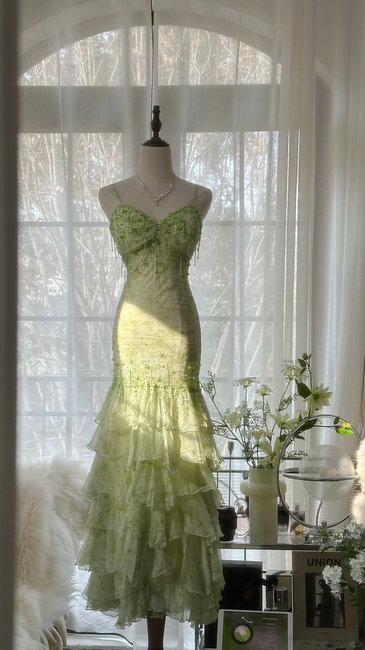 Grüne Träger Meerjungfrau Stufenbesatz Vintage Langes Partykleid Abendkleid, D731