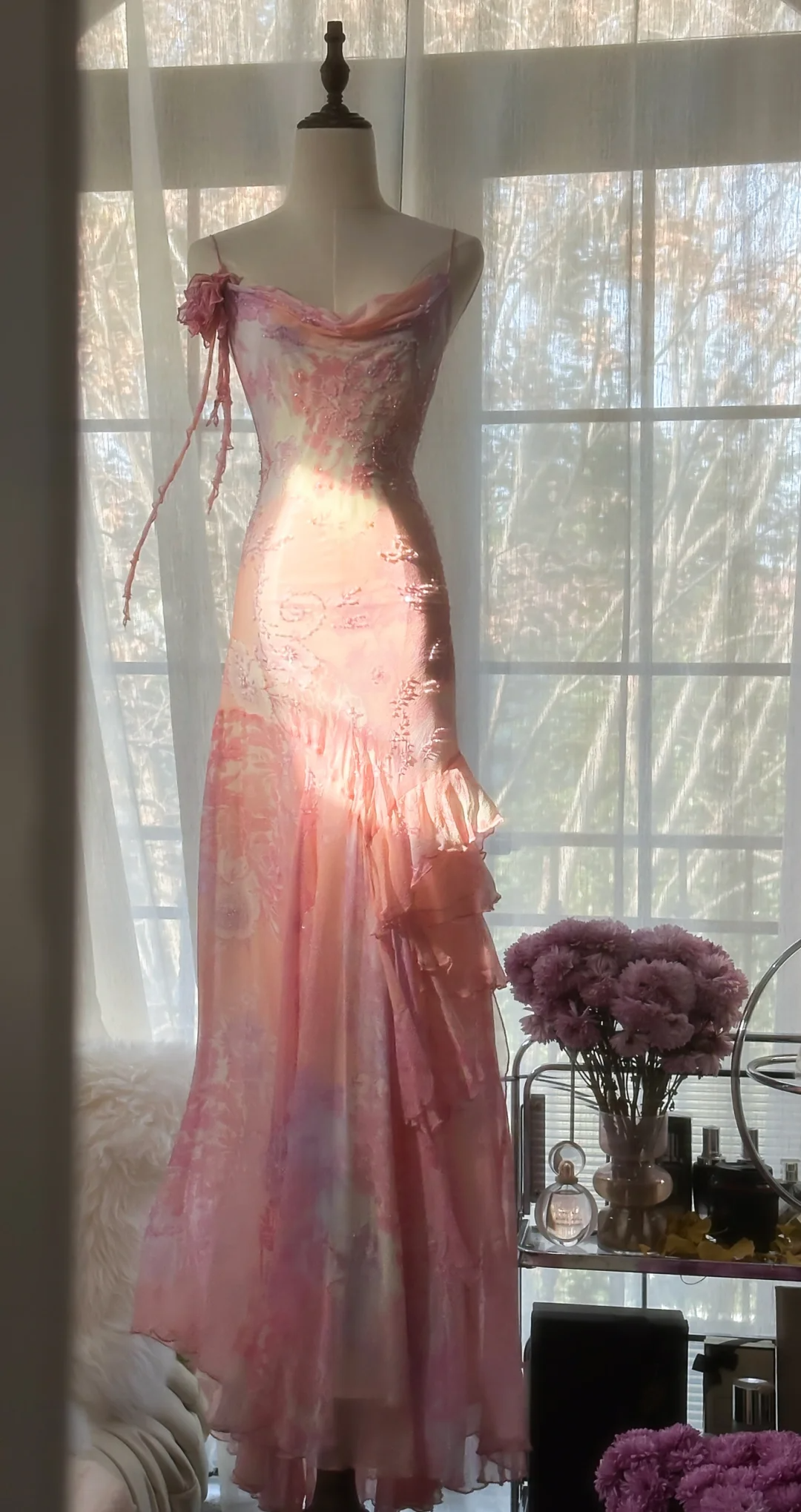 Pink Spaghetti Straps Beaing Chiffon Vintage Long Party Dress Evening Gown, D733