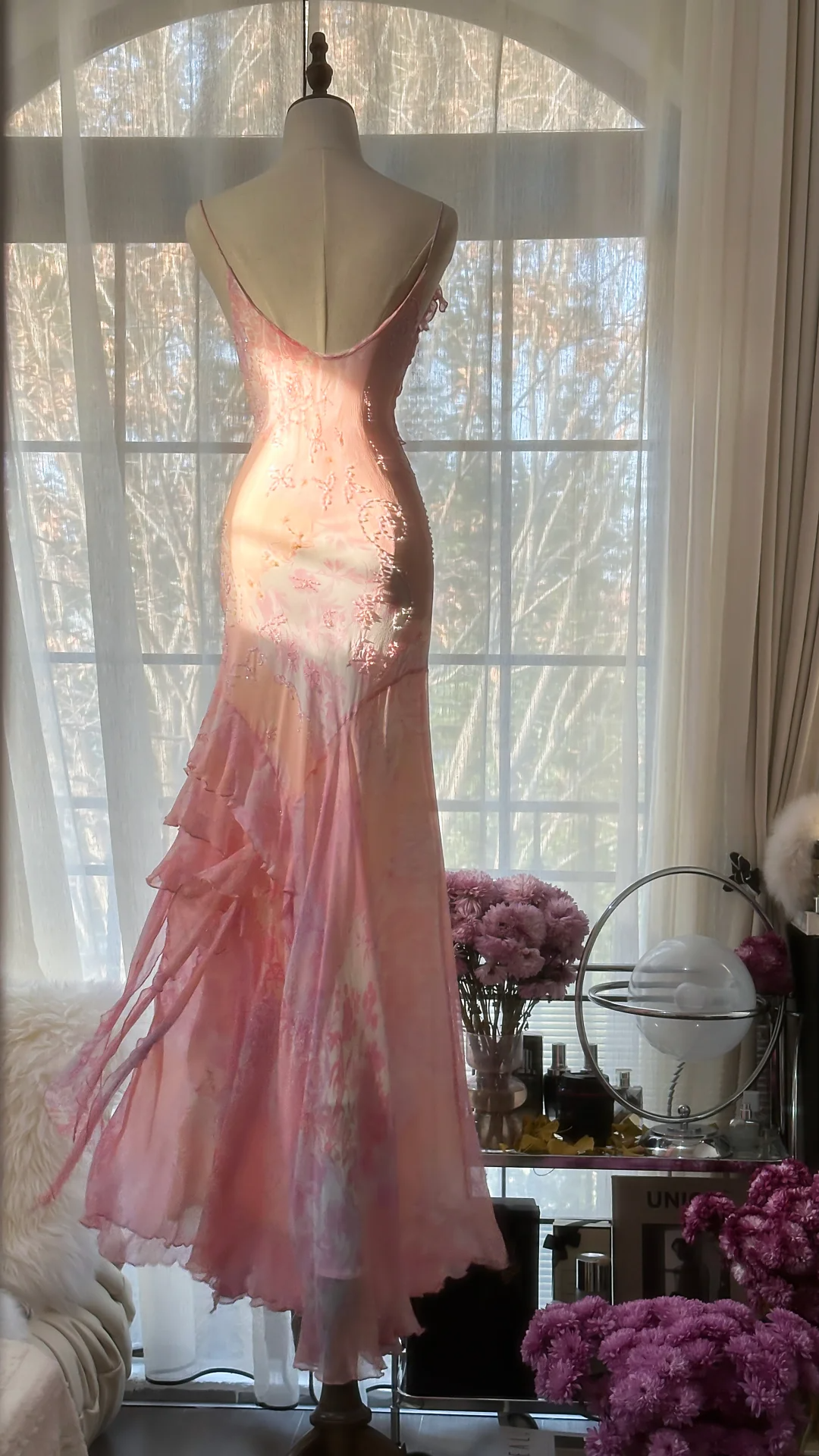Pink Spaghetti Straps Beaing Chiffon Vintage Long Party Dress Evening Gown, D733