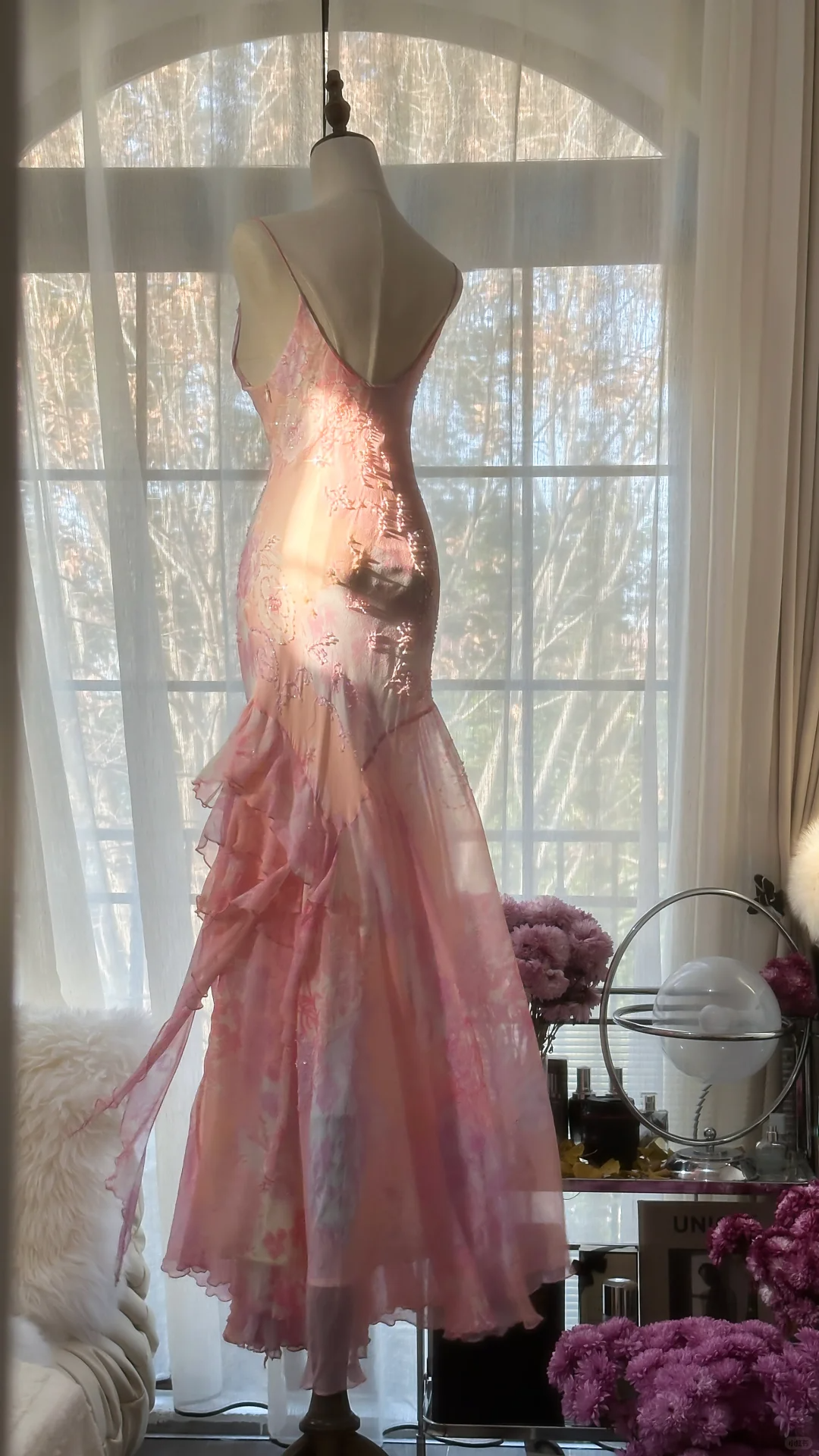 Pink Spaghetti Straps Beaing Chiffon Vintage Long Party Dress Evening Gown, D733