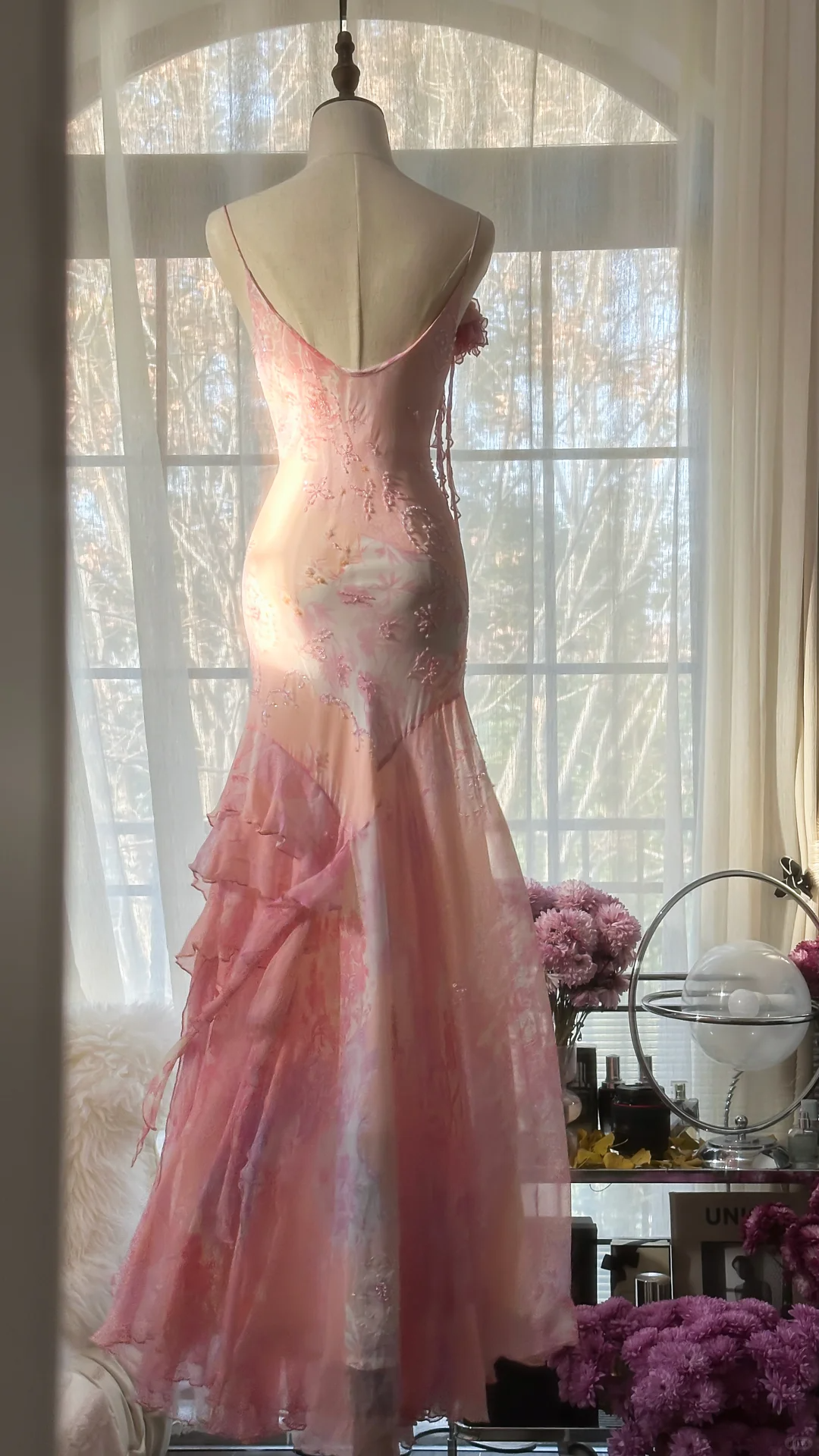 Pink Spaghetti Straps Beaing Chiffon Vintage Long Party Dress Evening Gown, D733