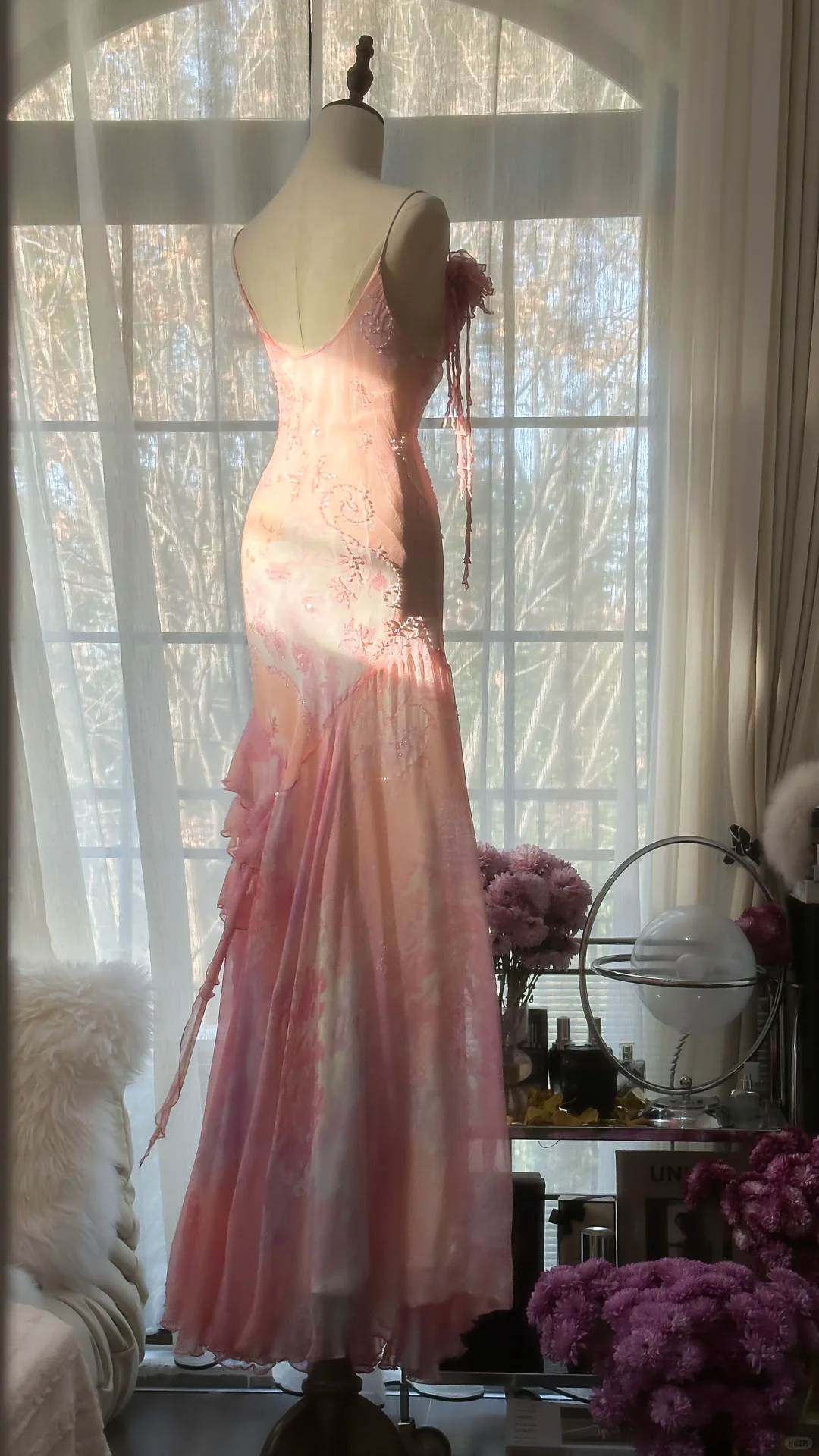 Pink Spaghetti Straps Beaing Chiffon Vintage Long Party Dress Evening Gown, D733