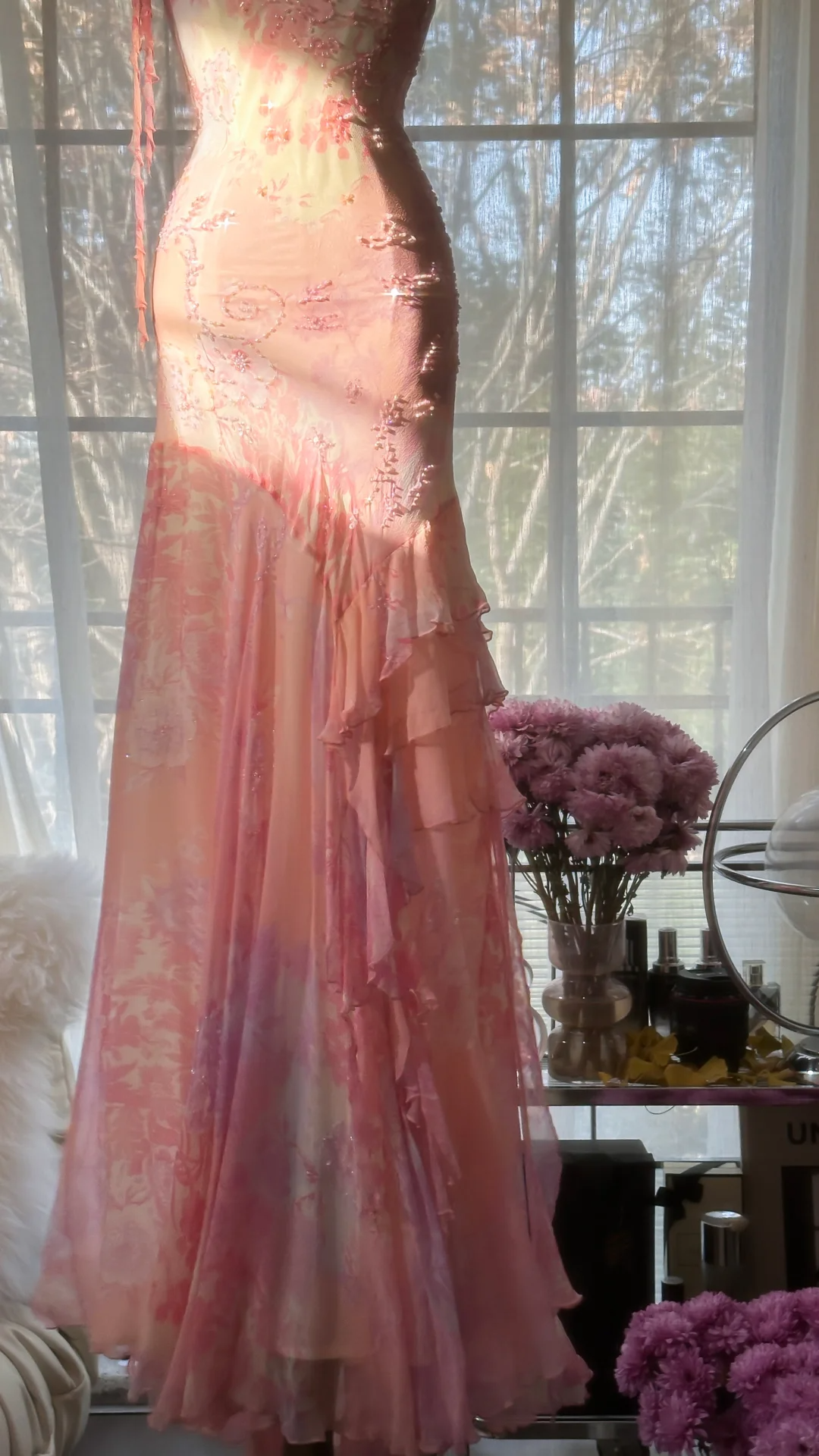 Pink Spaghetti Straps Beaing Chiffon Vintage Long Party Dress Evening Gown, D733