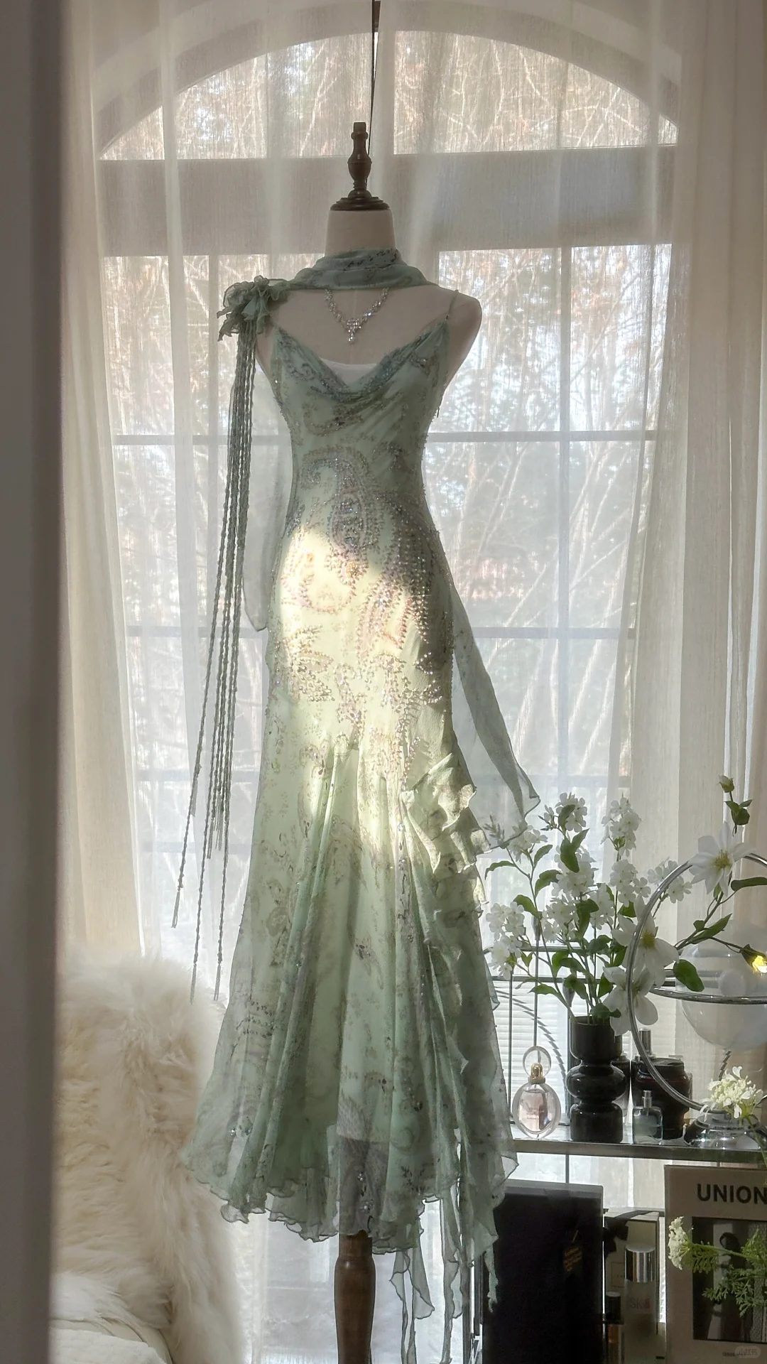 Light Sage Spaghetti Straps Beaing Chiffon Vintage Long Party Dress Evening Gown, D734