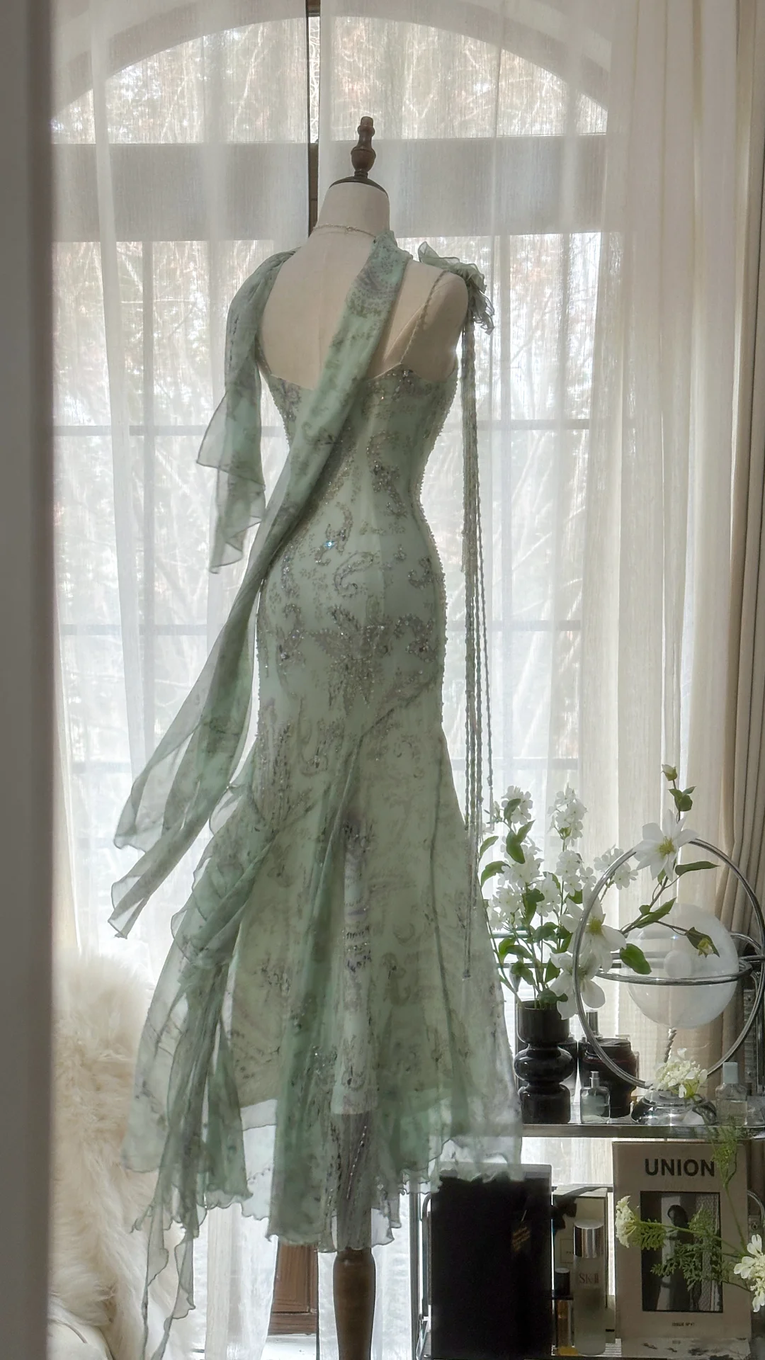 Light Sage Spaghetti Straps Beaing Chiffon Vintage Long Party Dress Evening Gown, D734