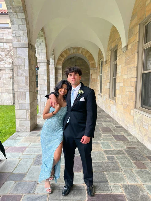 Shiny Blue Straps Sheath Sequins Long Formal Prom Dress Party Dress, D736