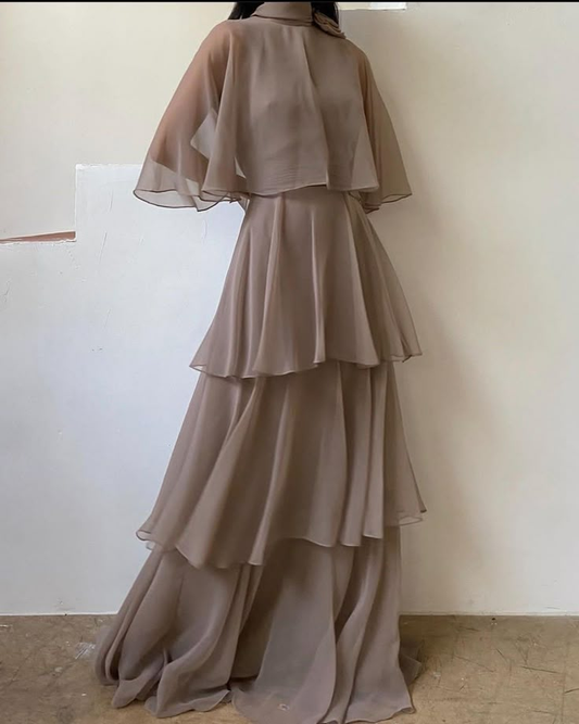 Modest High Neck A-Line Chiffon Layers Elegant Long Formal Party Dress, D782