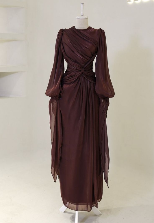 Modest Long Sleeves Sheath Chiffon Elegant Long Formal Party Dress, D783
