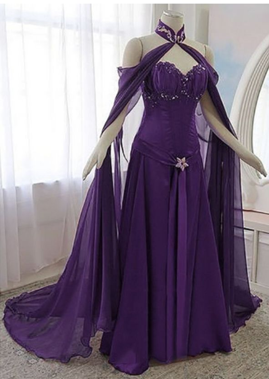 Lila Sweetheart A-Linie Chiffon Langes Partykleid Vintage Abendkleid, D784