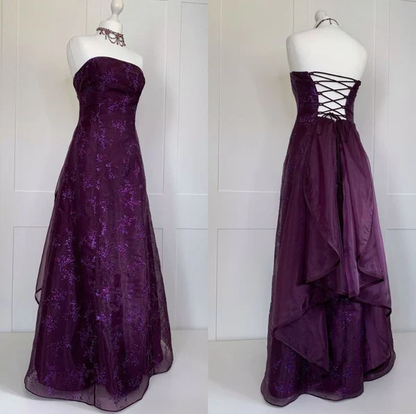 Dark Purple Strapless A-Line Chiffon Vintage Long Party Dress Evening Gown, D786