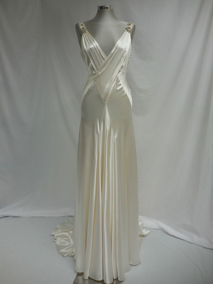 Retro V Neck Straps A-Line Satin Long Party Dress Vintage Wedding Dress, D788