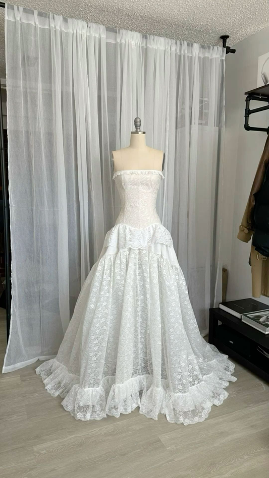 White Strapless A-Line Lace Long Party Dress Vintage Wedding Dress, D791