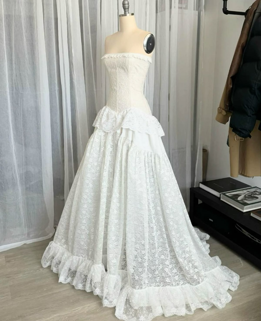 White Strapless A-Line Lace Long Party Dress Vintage Wedding Dress, D791