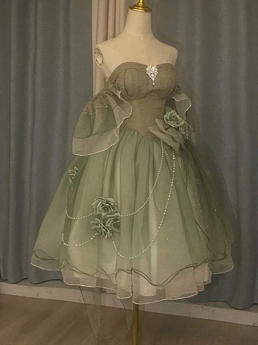 Green Off Shoulder A-Line Floral Short Party Dress Cute Mini Birthday Dress, D792