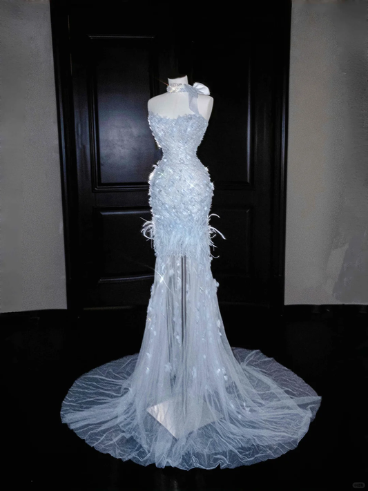 Light Blue Strapless Mermaid Beading Long Evening Dress Birthday Outfits, D804