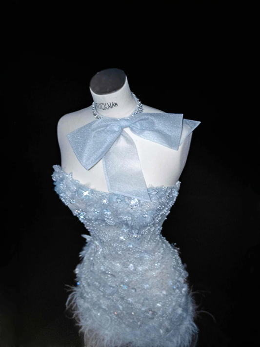 Light Blue Strapless Mermaid Beading Long Evening Dress Birthday Outfits, D804