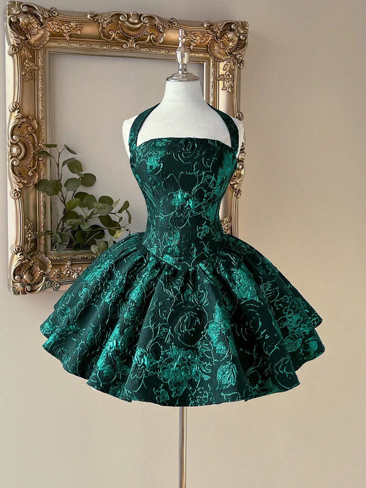 Charming Homecoming Dress Halter Pleated Backless Back to School Outfits Party Dress  D7394