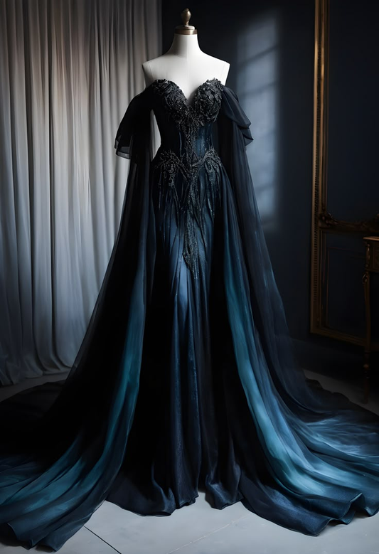 Dark Blue Off Shoulder Sweetheart A-Line Appliques Long Prom Dress Evening Dresses, D817
