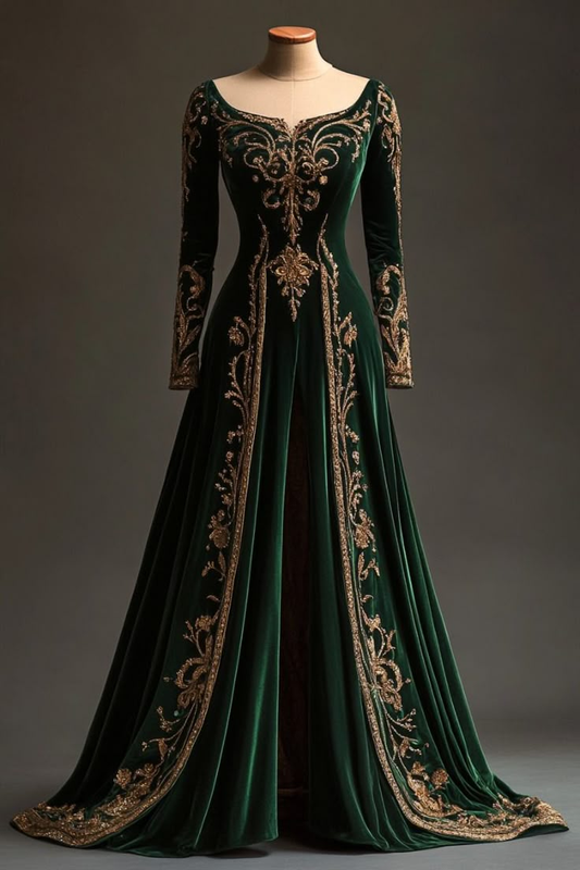 Dark Green Long Sleeves A-Line Velvet Appliques Long Formal Evening Dresses, D819