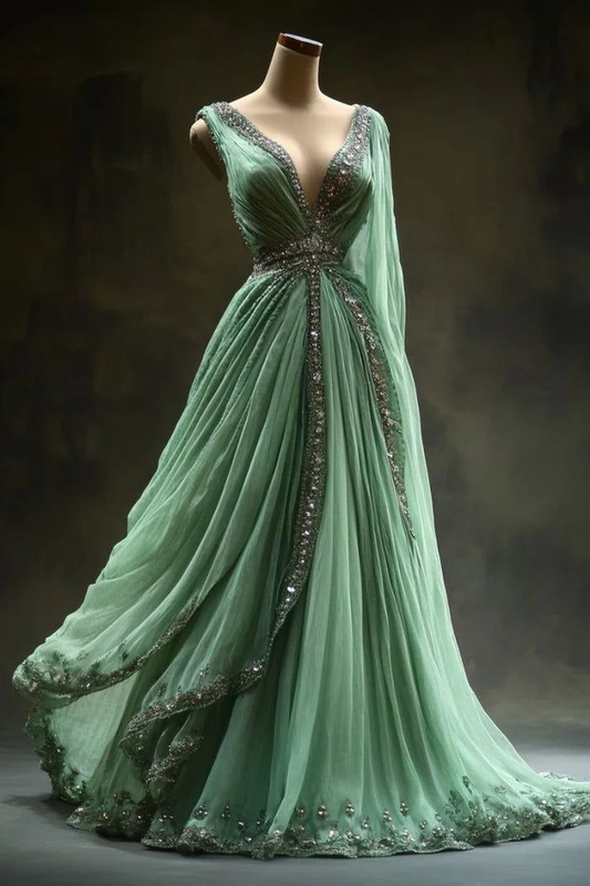 Robe de soirée longue en mousseline de soie verte, col en V, coupe trapèze, perles, style rétro, D820