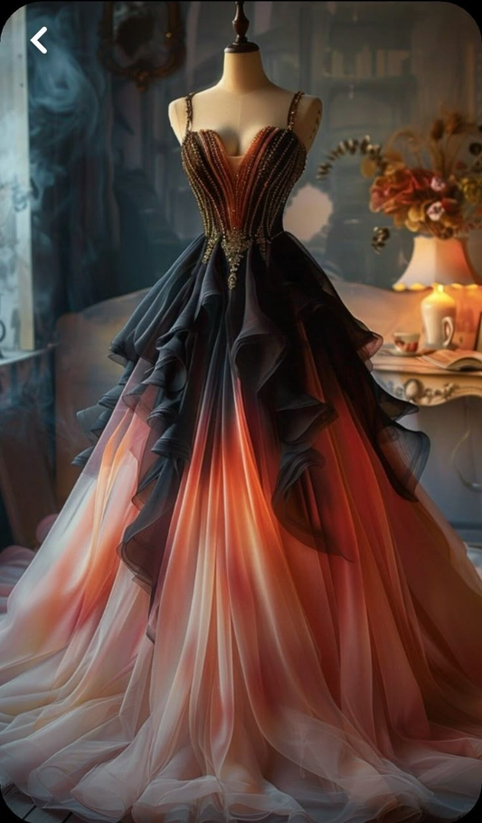 Robe de soirée longue style rétro à bretelles spaghetti et perles, coupe trapèze, effet ombré, D822