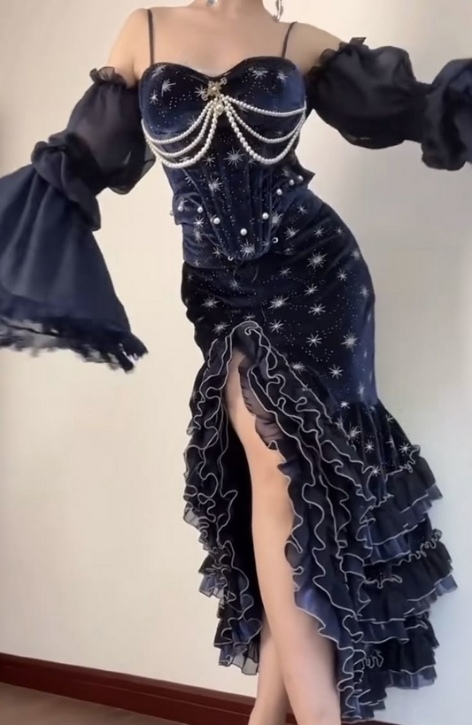 Dark Navy Straps Mermaid Layers Ruffles Sexy Evening Dress Birthday Outfits, D827