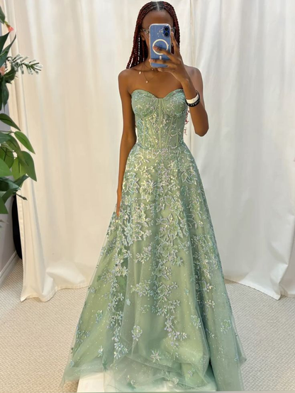 Sage Green Sweetheart A-Line Appliques Long Party Dress Formal Evening Dress, D826