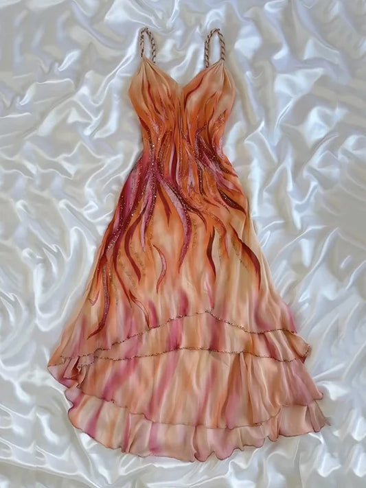 Stunning Spaghetti Straps Sheath Chiffon Beading Vintage Long Party Dresses, D885