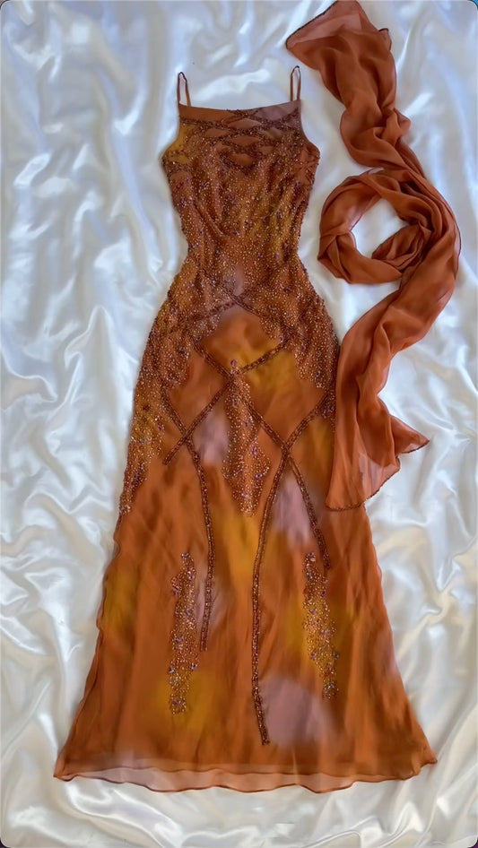 Orange Träger Etuikleid Perlenbesatz Vintage Langes Partykleid Abendkleider, D890