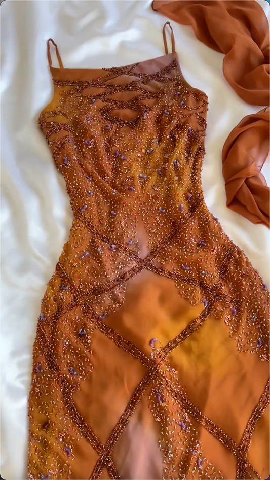 Orange Träger Etuikleid Perlenbesatz Vintage Langes Partykleid Abendkleider, D890